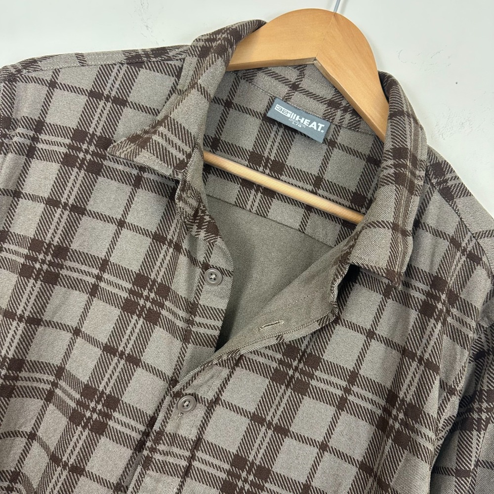 32 Degrees Heat Stretch Flannel Shirt Brown Tartan Plaid Button Up Mens L Read